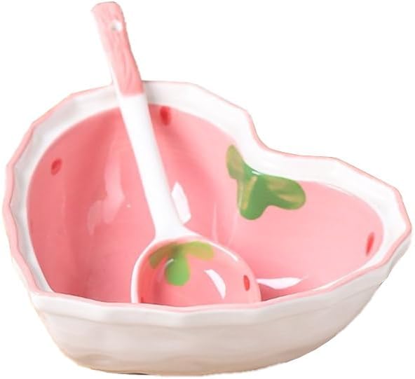 WAIT FLY Heart Shape Ceramic Dinnerware Set, Cute Strawberry Tableware Set, Dessert Plate, Salad Bowl, Appetizer Snack Mixing Bowl with Spoon - Pink Set