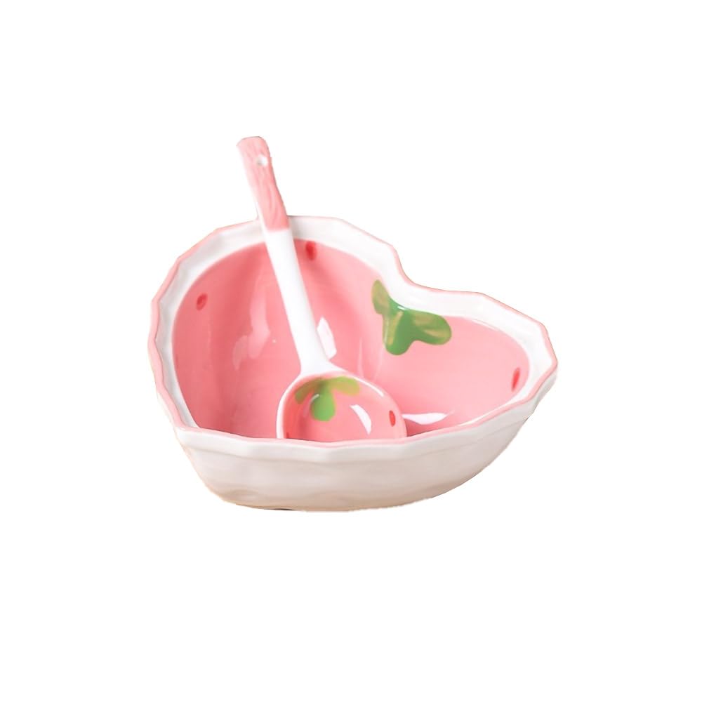 WAIT FLY Heart Shape Ceramic Dinnerware Set, Cute Strawberry Tableware Set, Dessert Plate, Salad Bowl, Appetizer Snack Mixing Bowl with Spoon - Pink Set