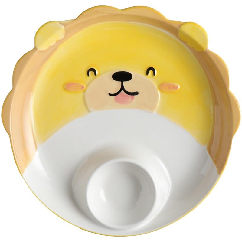 FACELESS Children's cartoon animal ceramic dining plate, Cartoon Divided Dinner Tray with Dip Section, Microwave Safe, 8 Inch，Set of 1(Corgi)