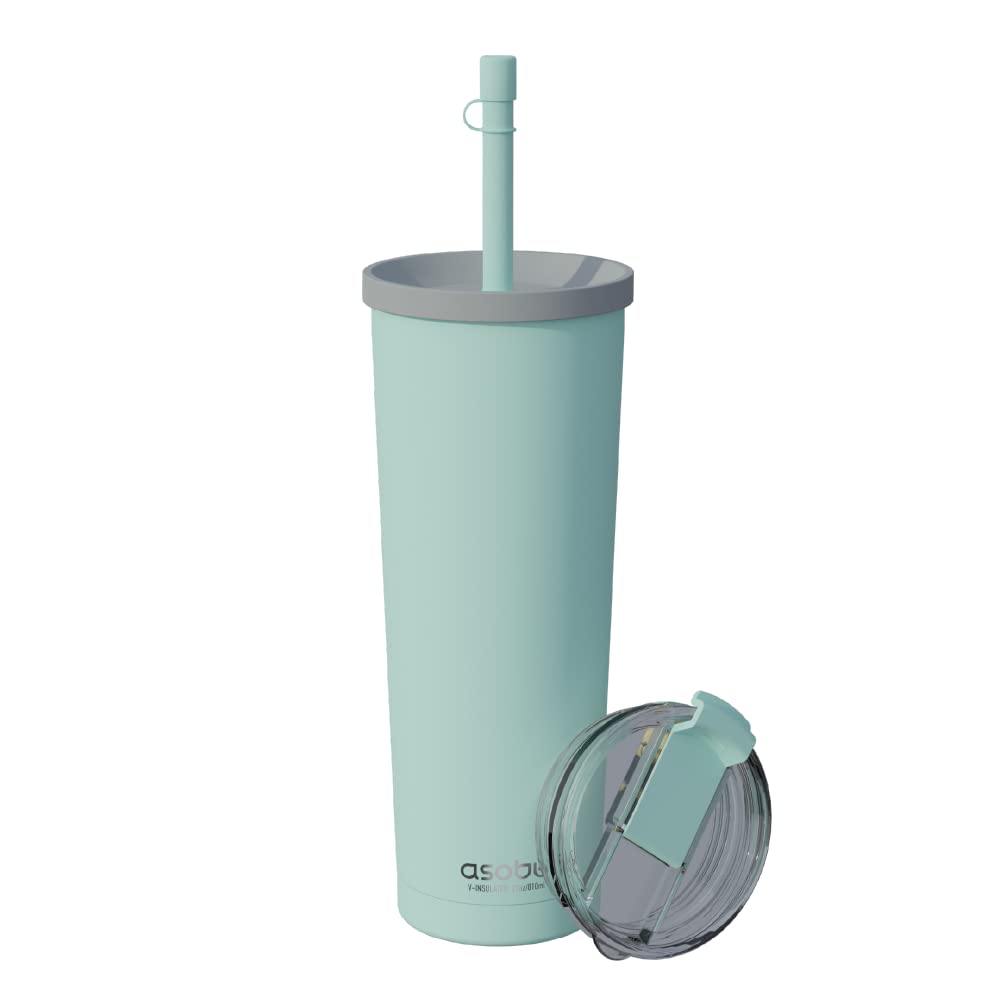 asobu Ocean Stainless Steel Tumbler with Flexible Straw Lid | Insulated Water Bottle for Ice Coffee, Cold Brew | Flip Open Lid for Hot Tea and Coffee | Reusable Travel Cup 27 Ounce (Mint)