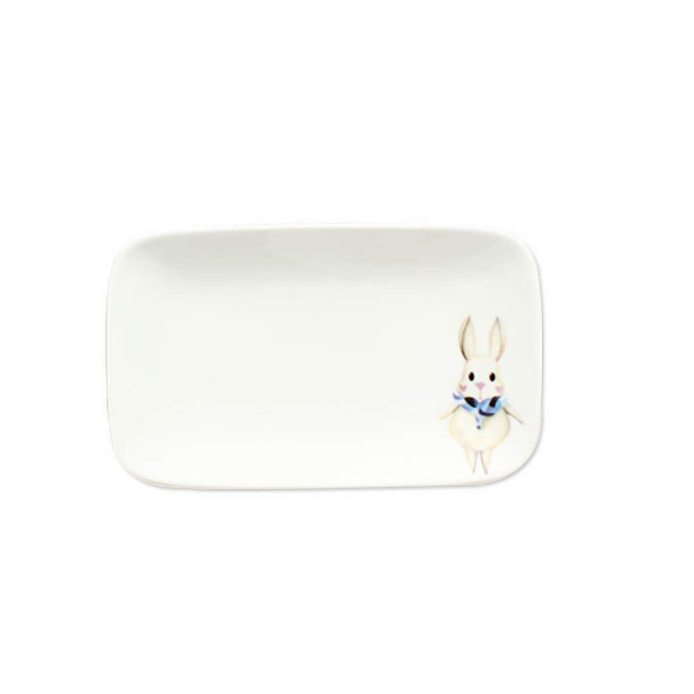 Shining Cute Rabbit Cartoon Ceramic Rectangle 7.9 Inch Round Dinner Plates Set Salad Dessert Bread Fruit Plate Serving Dish (Rabbit Rectangle)