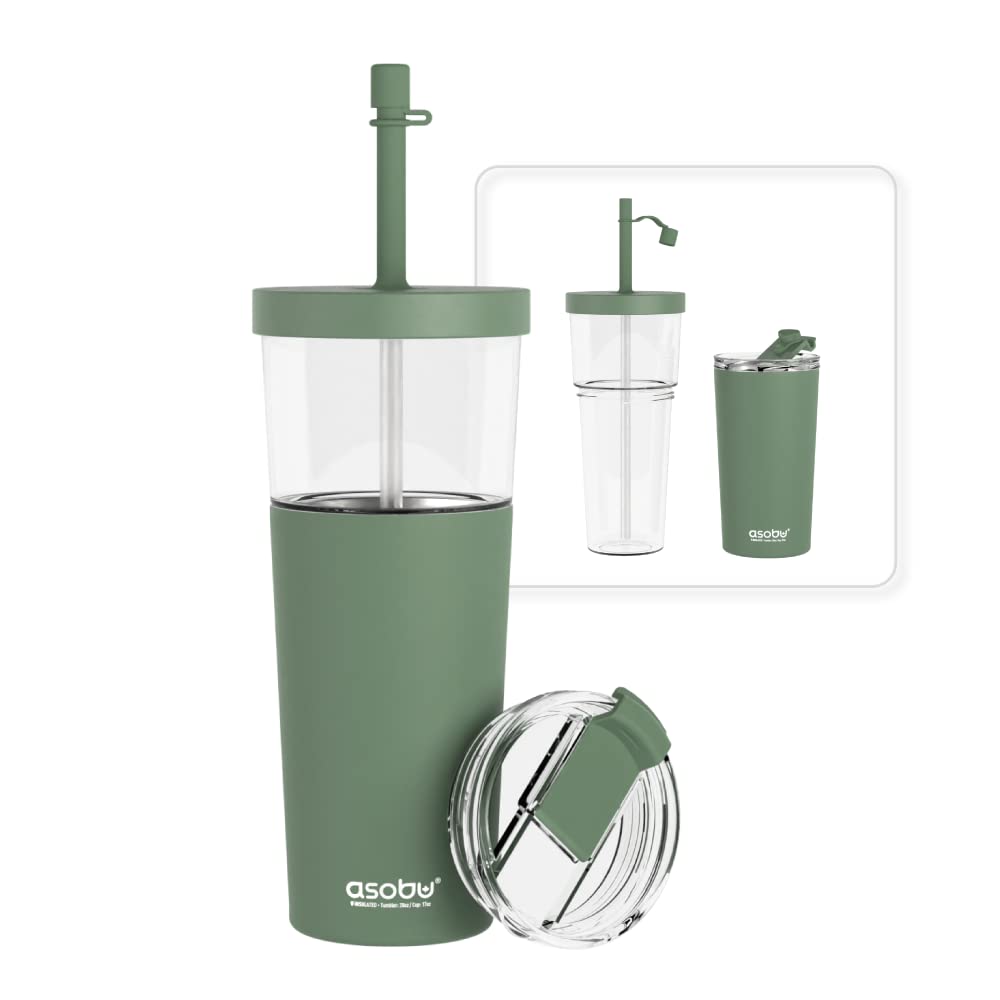 asobu Ocean Stainless Steel Tumbler with Flexible Straw Lid | Insulated Water Bottle for Ice Coffee, Cold Brew | Flip Open Lid for Hot Tea and Coffee | Reusable Travel Cup 27 Ounce (Mint)