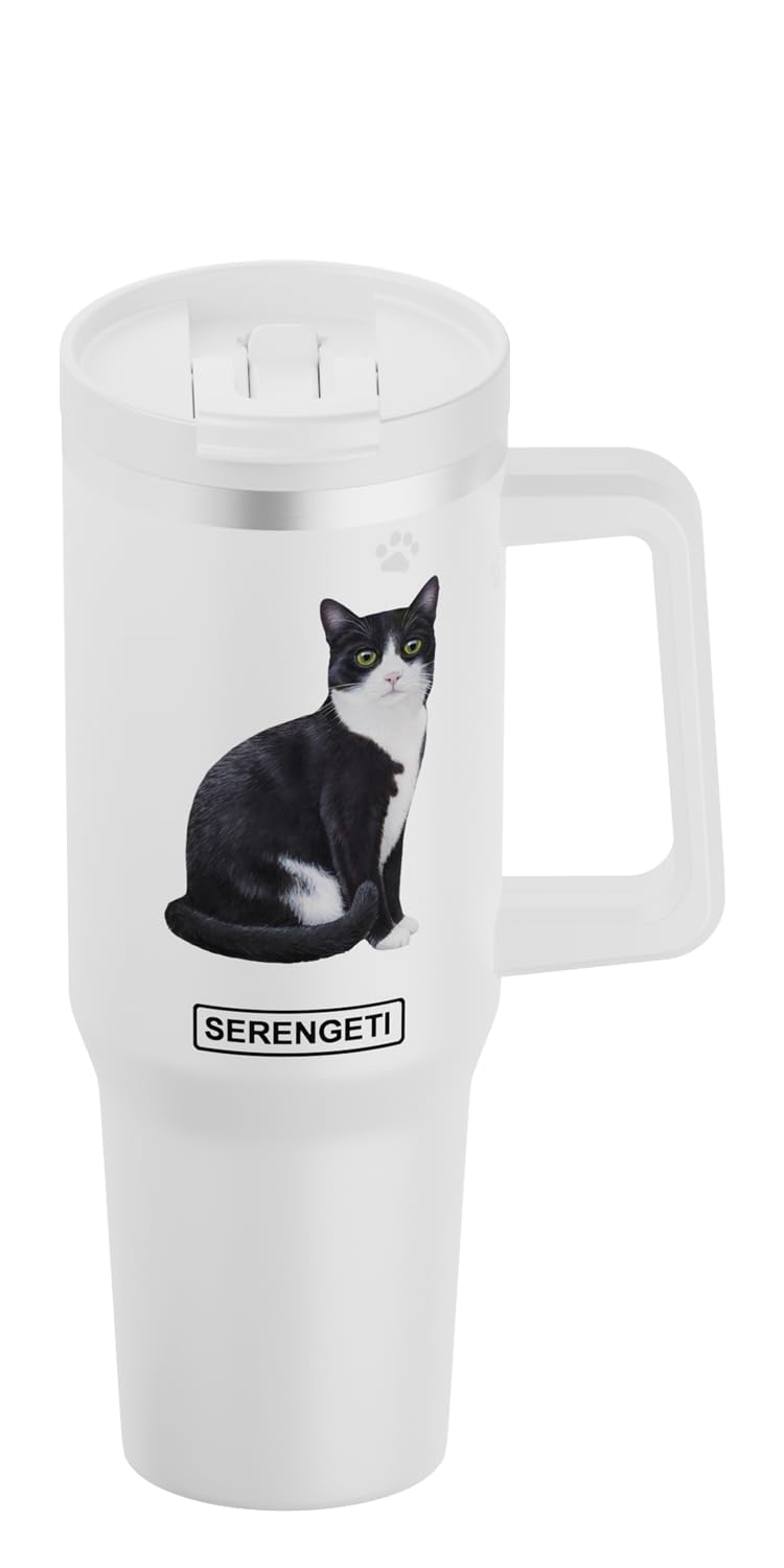 SERENGETI 40oz Ultimate Tumbler with Handle and Straw - Vacuum Insulated Tumbler with Straw and Lid - Stainless Steel Travel Mug for Pet Lovers - 3D Designs of your favorite Cat (Silver Tabby)