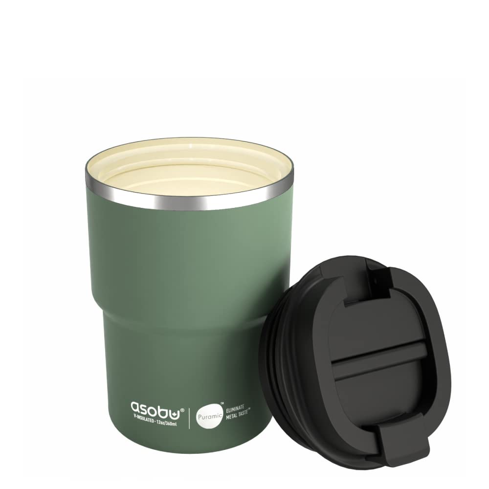 asobu Extra Large Travel Explorer Tumbler for Hot and Cold with Stainless Steel Removable Coffee Mug Sleeve - Straw and Flip Open Sip Spout, 34 oz / 25 oz (Basil Green)