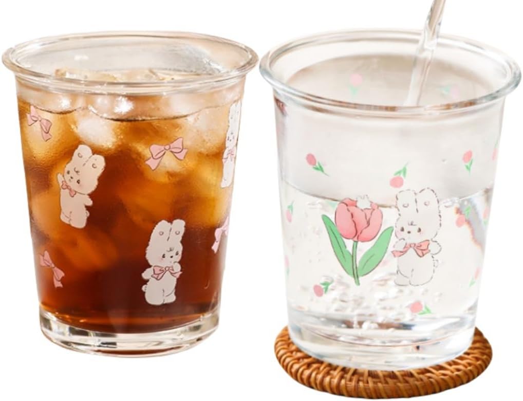 2 Pack 12 OZ Cute Floral Glass Cup Rabbit Drinking Glasses