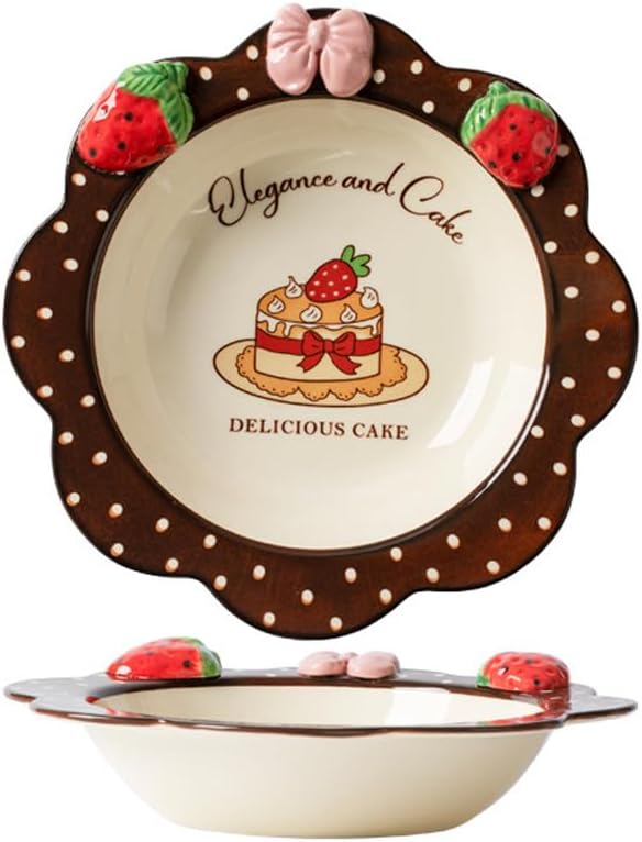 Ceramic Tableware Pasta Plate Bowl and Cup Combination Household Cartoon Cute Set Dinner Snack Breakfast Dessert Bird's Nest Salad Fruit Ice Cream Soup(8.5" Pan-Cake)
