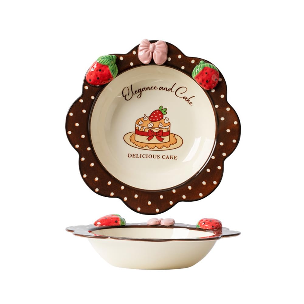 Ceramic Tableware Pasta Plate Bowl and Cup Combination Household Cartoon Cute Set Dinner Snack Breakfast Dessert Bird's Nest Salad Fruit Ice Cream Soup(8.5" Pan-Cake)
