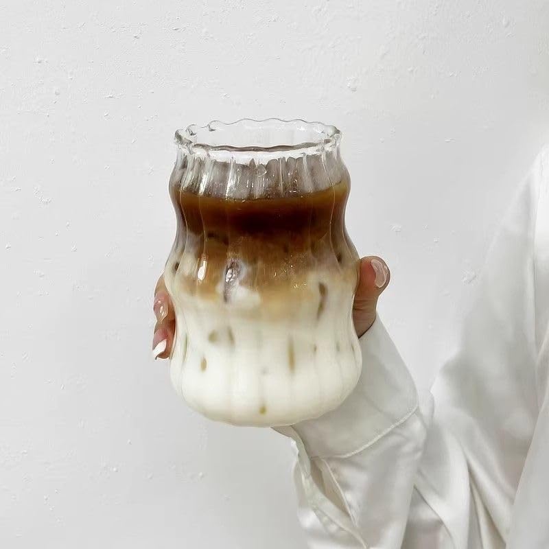 1pcs Vertical Stripe Drinking Glasses CupsGlass Tumbler, Ripple Glassware Coffee Cup, Cute Glass Tumbler for Iced Coffee Juice Drink Milk (yun)