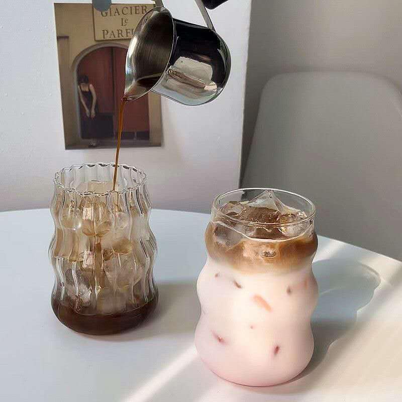 1pcs Vertical Stripe Drinking Glasses CupsGlass Tumbler, Ripple Glassware Coffee Cup, Cute Glass Tumbler for Iced Coffee Juice Drink Milk (yun)