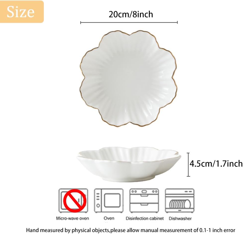 Porcelain Serving Dish,Ceramics Flower Relish Tray with Metallic Rim, 8inch