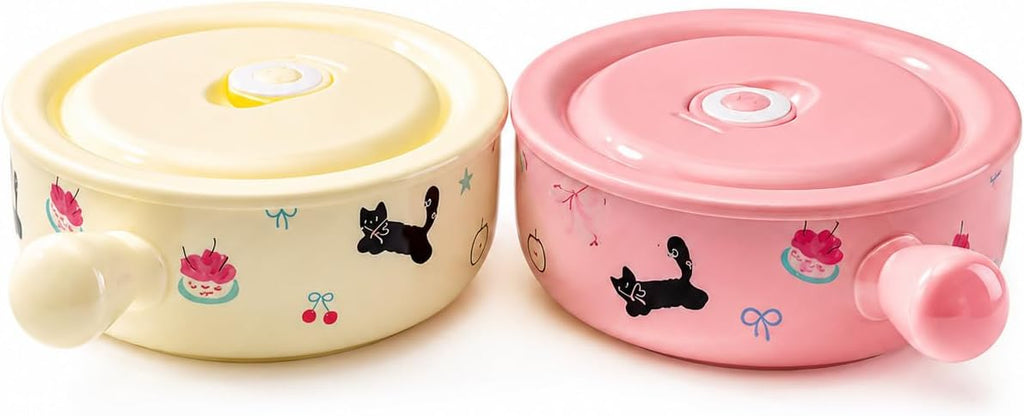Ceramic Soup Bowl with Lid and Handles Set of 2, 6.1'' Cute Ramen Bowls