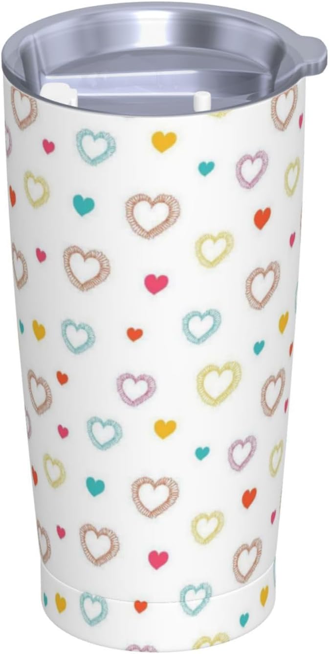 Heart 20oz Tumbler with Lid and Straw for Women, Abstract Cartoon Geometric Line Hearts Design Insulated Mug Colorful Hearts Stainless Steel Tumbler Double Wall Vacuum Travel Mug Coffee Cup