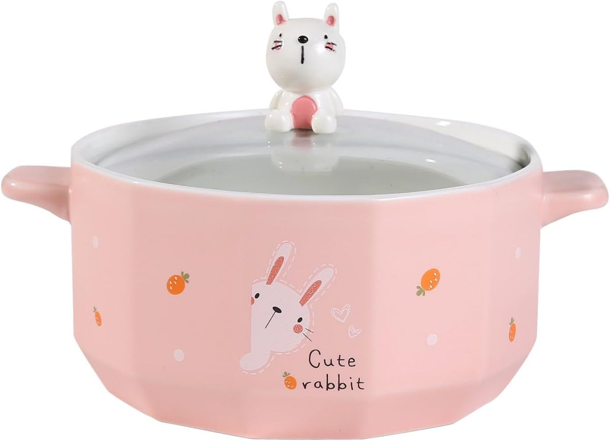 Urban Tokyo Whimsical Characters Porcelain Ramen Noodle Bowl with Glass Lid 30 fl oz Bowl With Side Handles For Udong, Pho, Tomyum Ramen Noodle Soup (Rabbit)