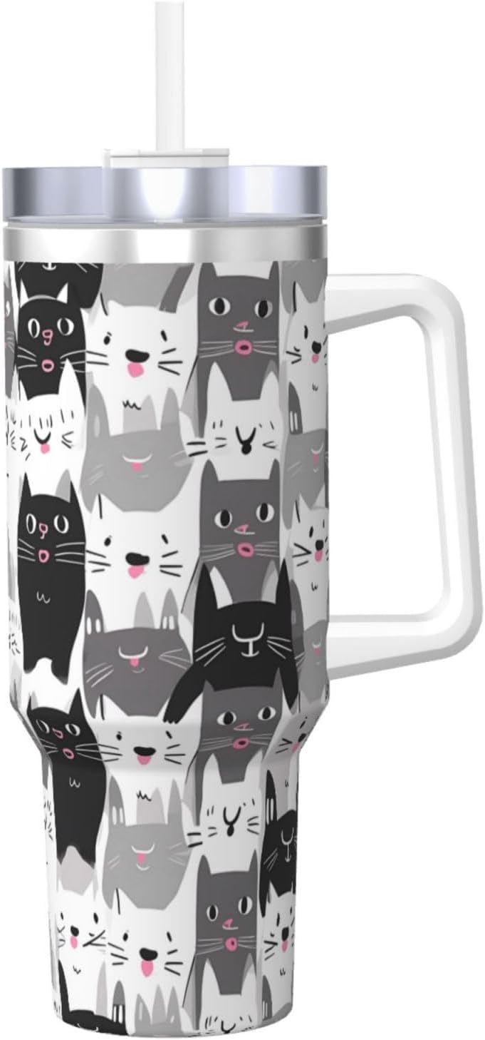 40 OZ Cute Cat Ice Bully Cup with Handle Straw Lid, Double Wall Stainless Steel Tumbler Travel Coffee Cup, Cartoon Insulation and Cooling Mug for Christmas Birthday Present