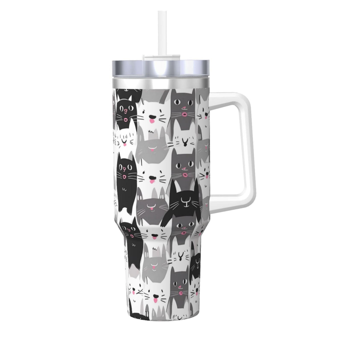 40 OZ Cute Cat Ice Bully Cup with Handle Straw Lid, Double Wall Stainless Steel Tumbler Travel Coffee Cup, Cartoon Insulation and Cooling Mug for Christmas Birthday Present