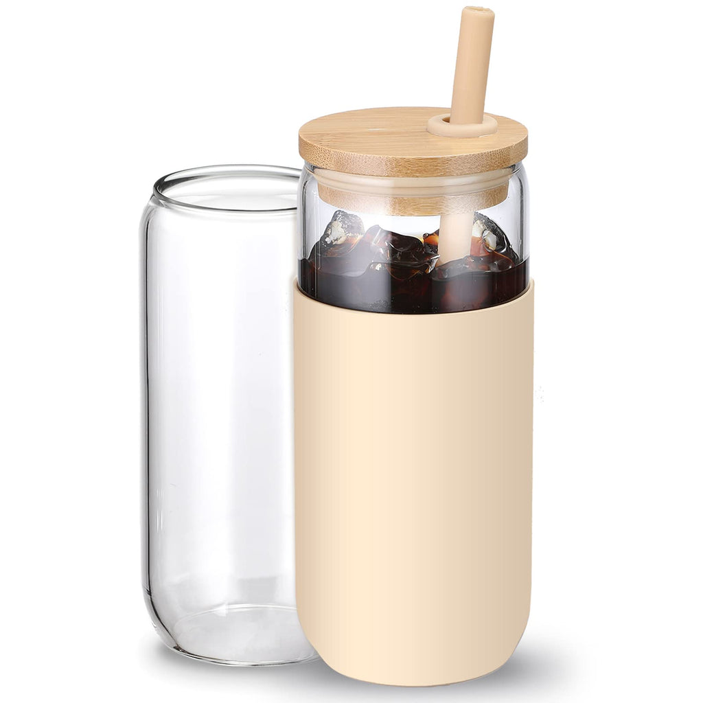 20oz Glass Water Tumbler with Silicone Protective Sleeve - Beer Shaped Glass Cups with Straw and Bamboo Lid, Iced Coffee Glasses, Cute Drinking Glasses for, Water Smoothie, Boba Tea, Gift - Pink