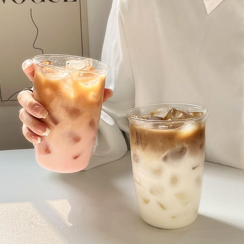 2 Pcs Ribbed Glass Cups, 18 Oz Vintage Drinking Glassware with Wave Shape Design, Bubble Cups for Iced Coffee, Juice, Beverage, Milk, Cocktails, Bubble Tea,