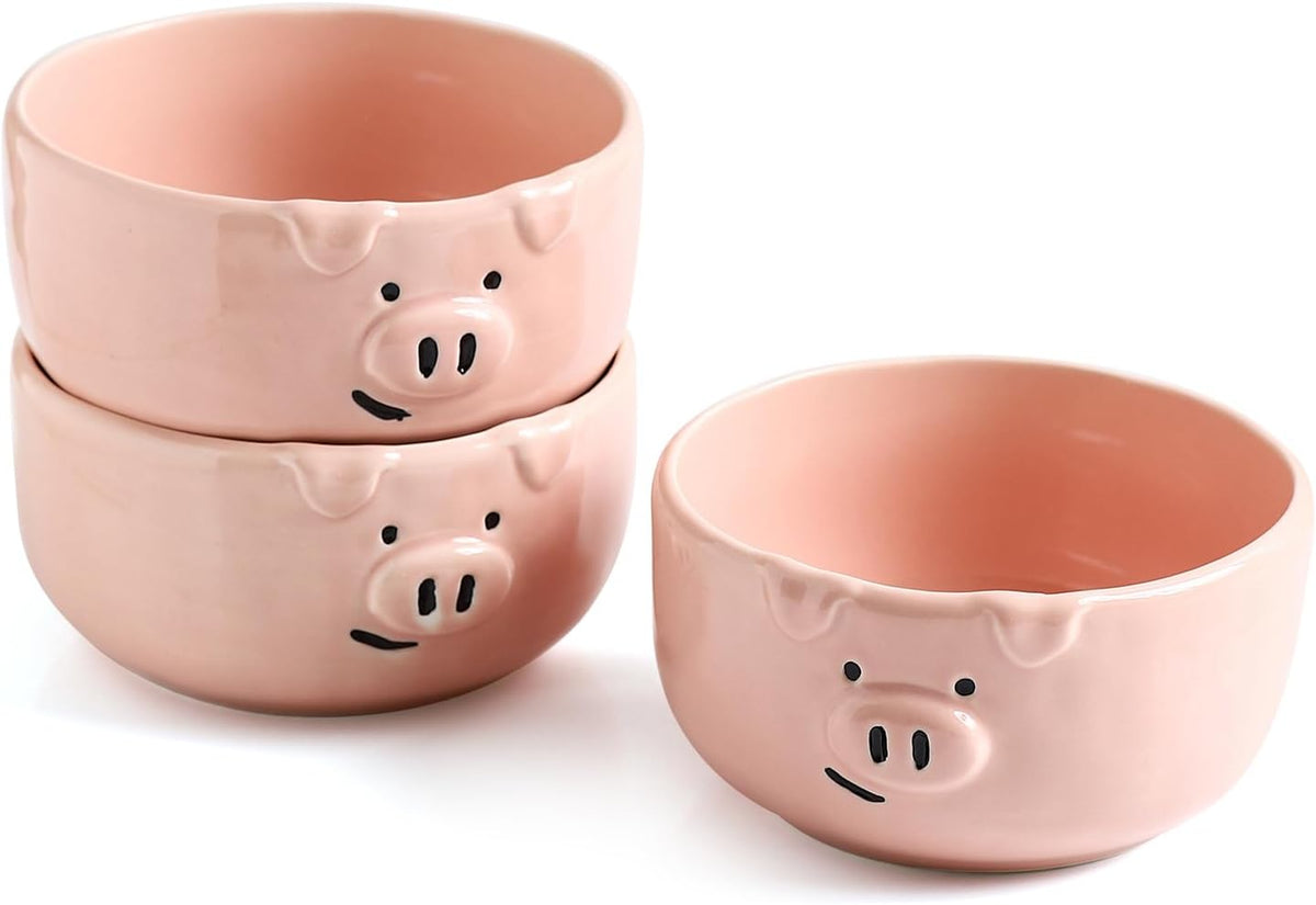 Pink Ceramic Pig Bowls, Set of 3, 13 oz
