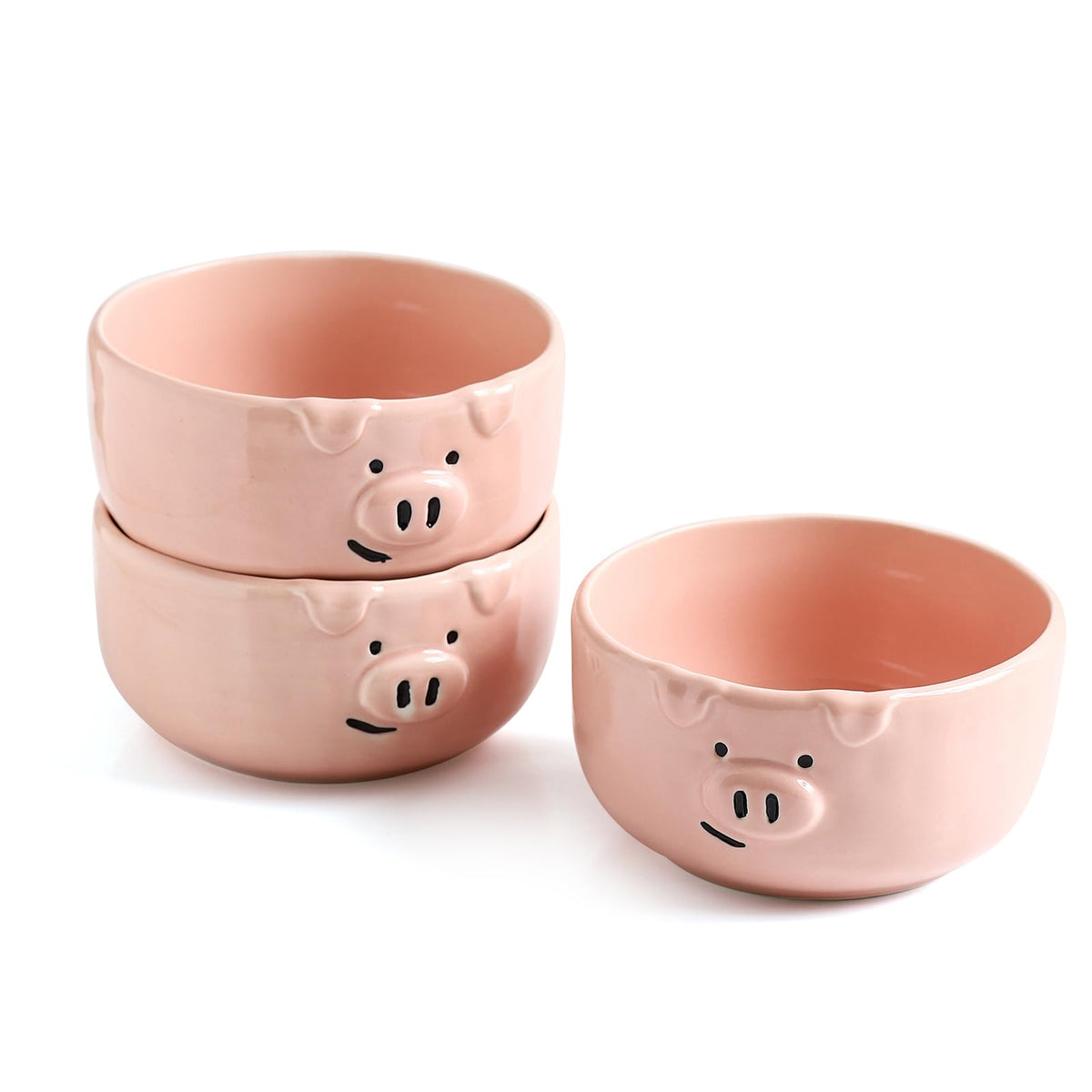 Pink Ceramic Pig Bowls, Set of 3, 13 oz