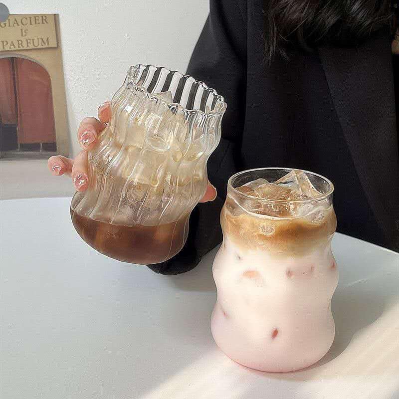 2 Pcs Ribbed Glass Cups, 18 Oz Vintage Drinking Glassware with Wave Shape Design, Bubble Cups for Iced Coffee, Juice, Beverage, Milk, Cocktails, Bubble Tea,