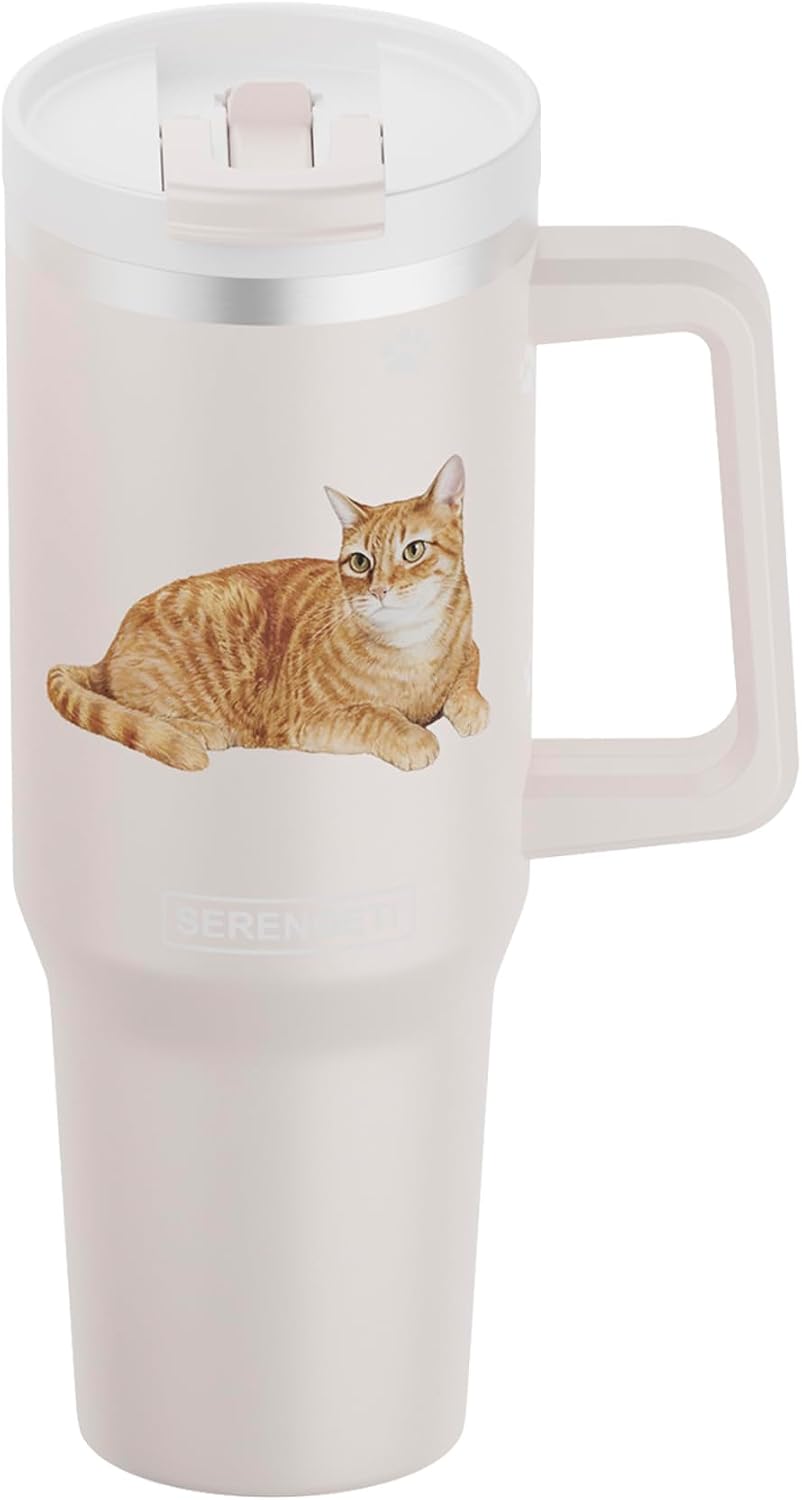 SERENGETI 40oz Ultimate Tumbler with Handle and Straw - Vacuum Insulated Tumbler with Straw and Lid - Stainless Steel Travel Mug for Pet Lovers - 3D Designs of your favorite Cat (Silver Tabby)