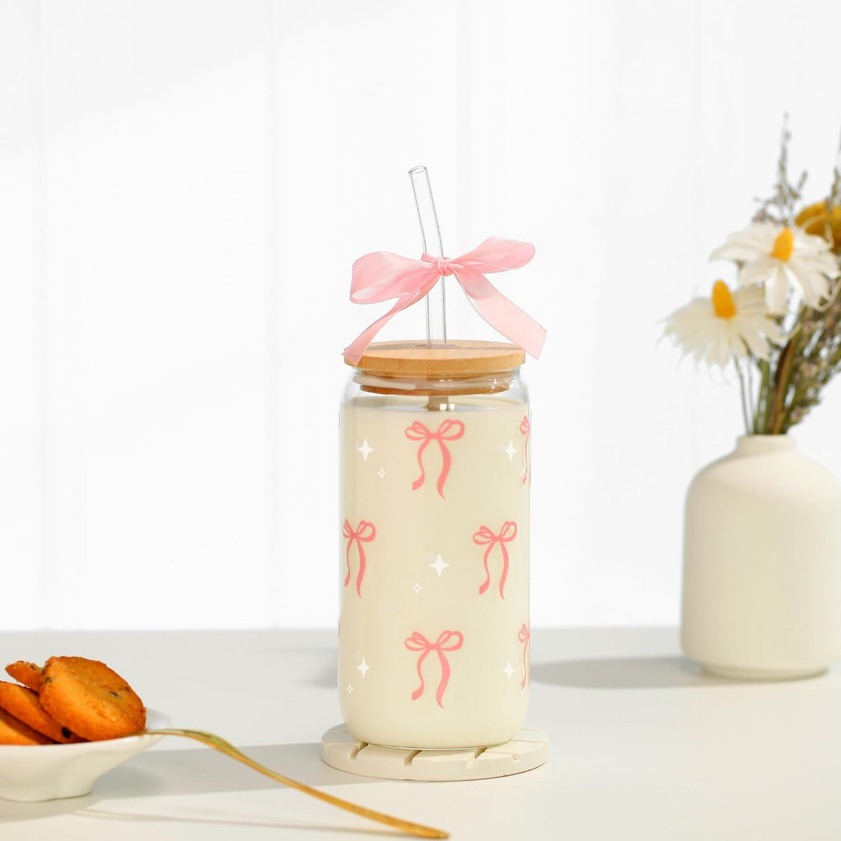 Coquette Pink Bow Glass Cup with Lid Straw Cute Girl Stuff