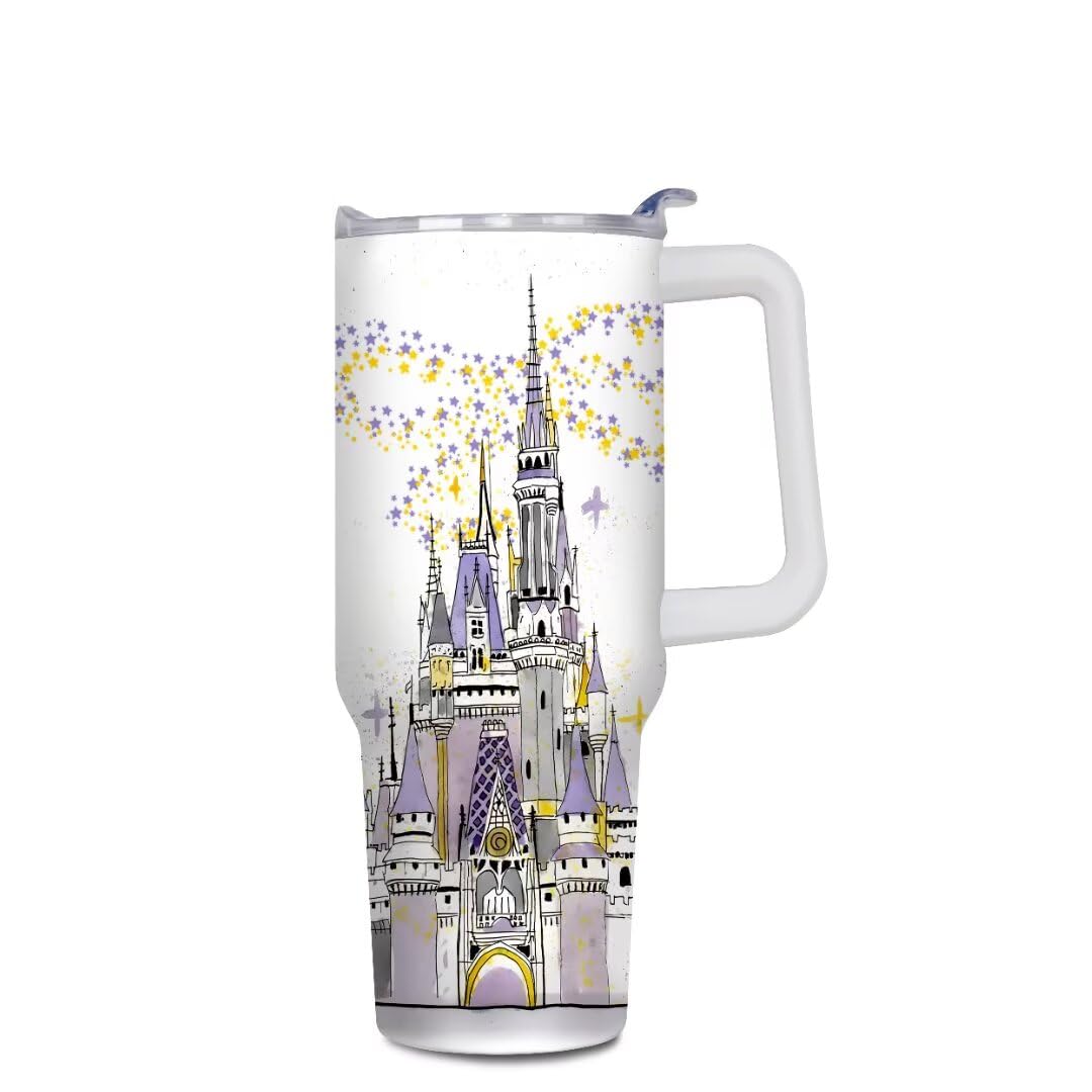 Cartoon Castle Tumbler 40 oz, Firework Tumblers with Lids and Straws, Insulated Cup Stainless Steel Travel Mug, Birthday Christmas Gifts