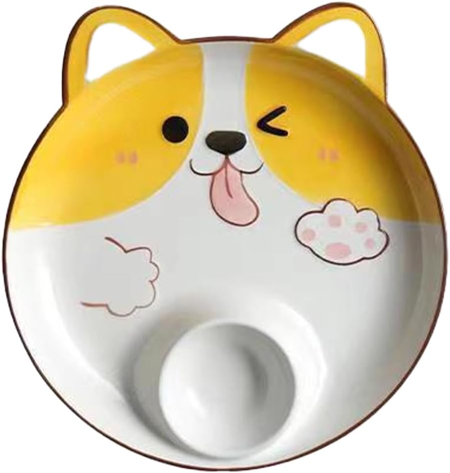 FACELESS Children's cartoon animal ceramic dining plate, Cartoon Divided Dinner Tray with Dip Section, Microwave Safe, 8 Inch，Set of 1(Corgi)