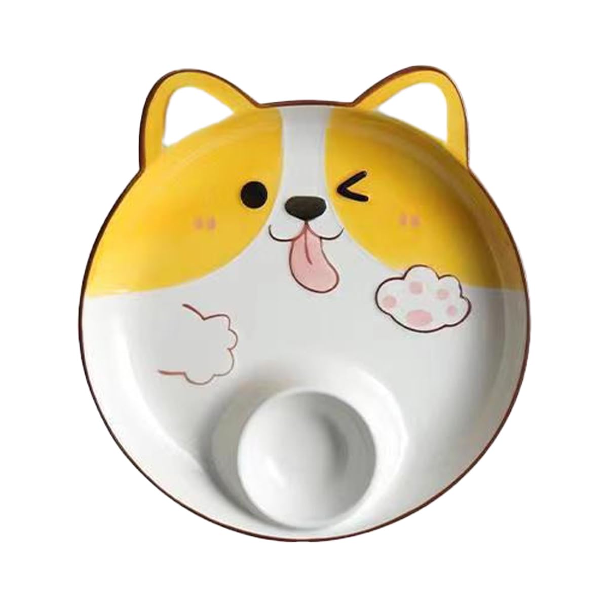 FACELESS Children's cartoon animal ceramic dining plate, Cartoon Divided Dinner Tray with Dip Section, Microwave Safe, 8 Inch，Set of 1(Corgi)