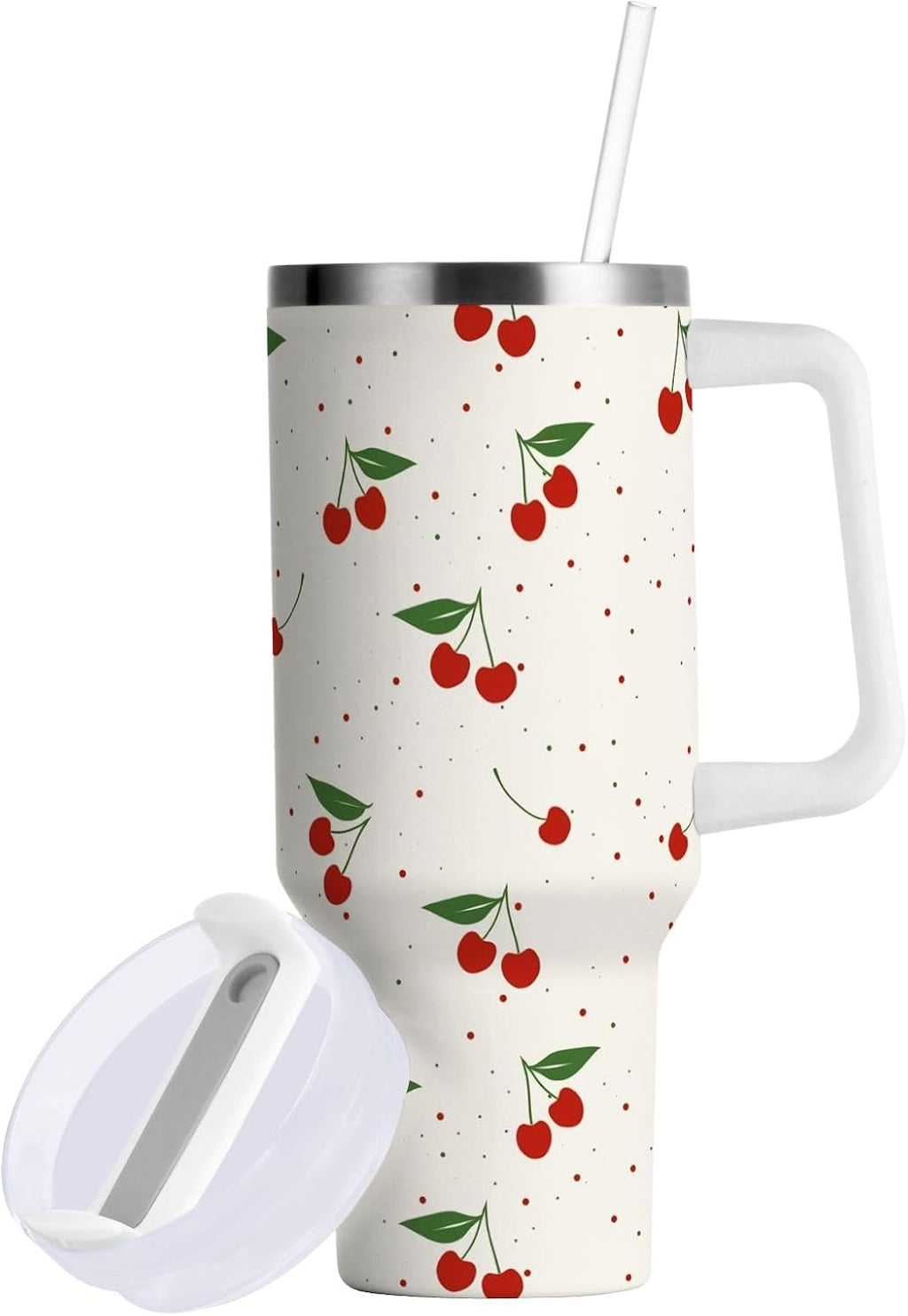 Cherry Print Pattern Stainless Steel Tumbler with Handle and Straw, Water Bottle Reusable Insulated Travel Mug, 30 Ounces