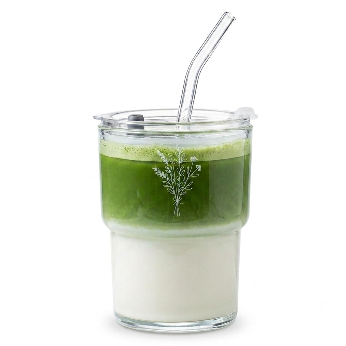 Olvini 13oz Glass Tumbler with Straw and Lid, Reusable Iced Coffee Cup Tumbler, Cute Glass Cups for Water, Matcha, Travel Coffee Mugs (Bon Appétit)