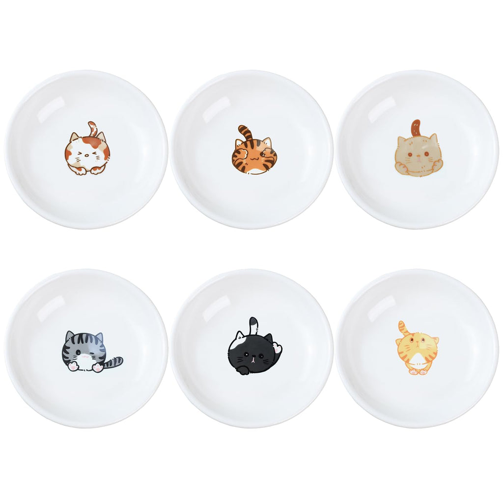 SOCOSY Super Cute Cartoon Animals Ceramic Sauce Dishes/Seasoning Dishes/Sushi Soy Dipping Bowls/Appetizer Plates/Dessert Plates/Little Cat Dog Feeding Bowls/Serving Dishes, 6 PCS-Cat Body-5 Inch