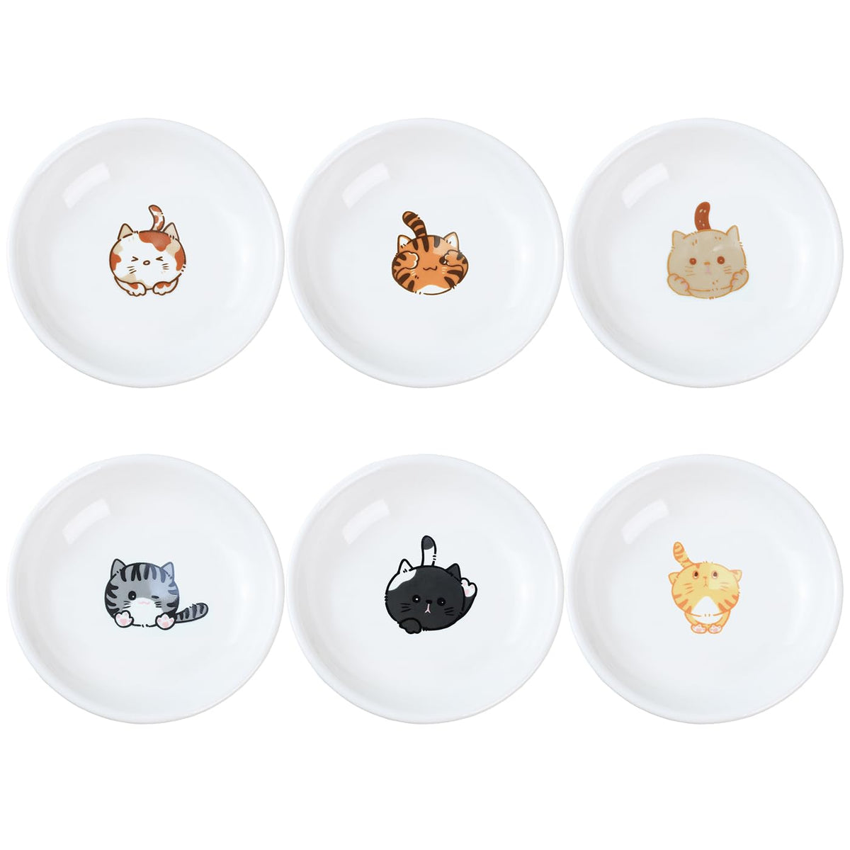 SOCOSY Super Cute Cartoon Animals Ceramic Sauce Dishes/Seasoning Dishes/Sushi Soy Dipping Bowls/Appetizer Plates/Dessert Plates/Little Cat Dog Feeding Bowls/Serving Dishes, 6 PCS-Cat Body-5 Inch