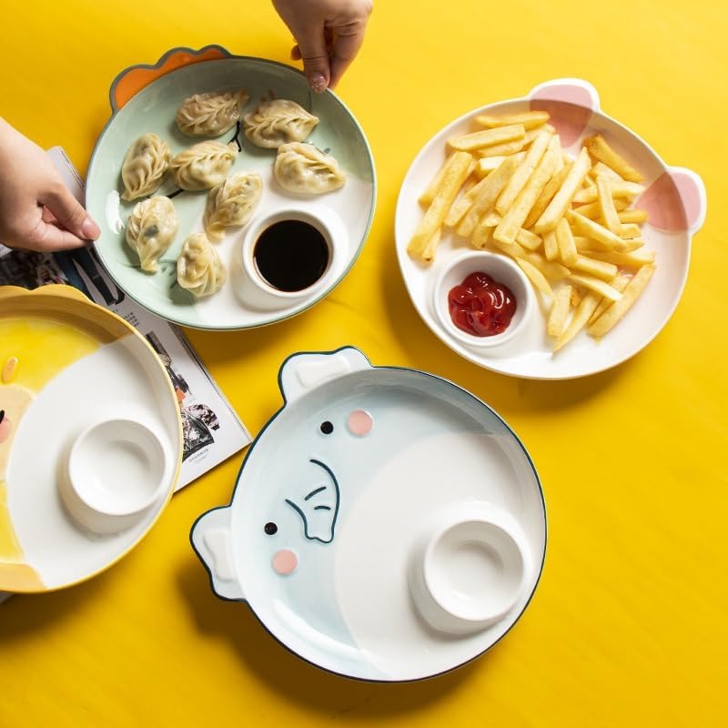 FACELESS Children's cartoon animal ceramic dining plate, Cartoon Divided Dinner Tray with Dip Section, Microwave Safe, 8 Inch，Set of 1(Corgi)