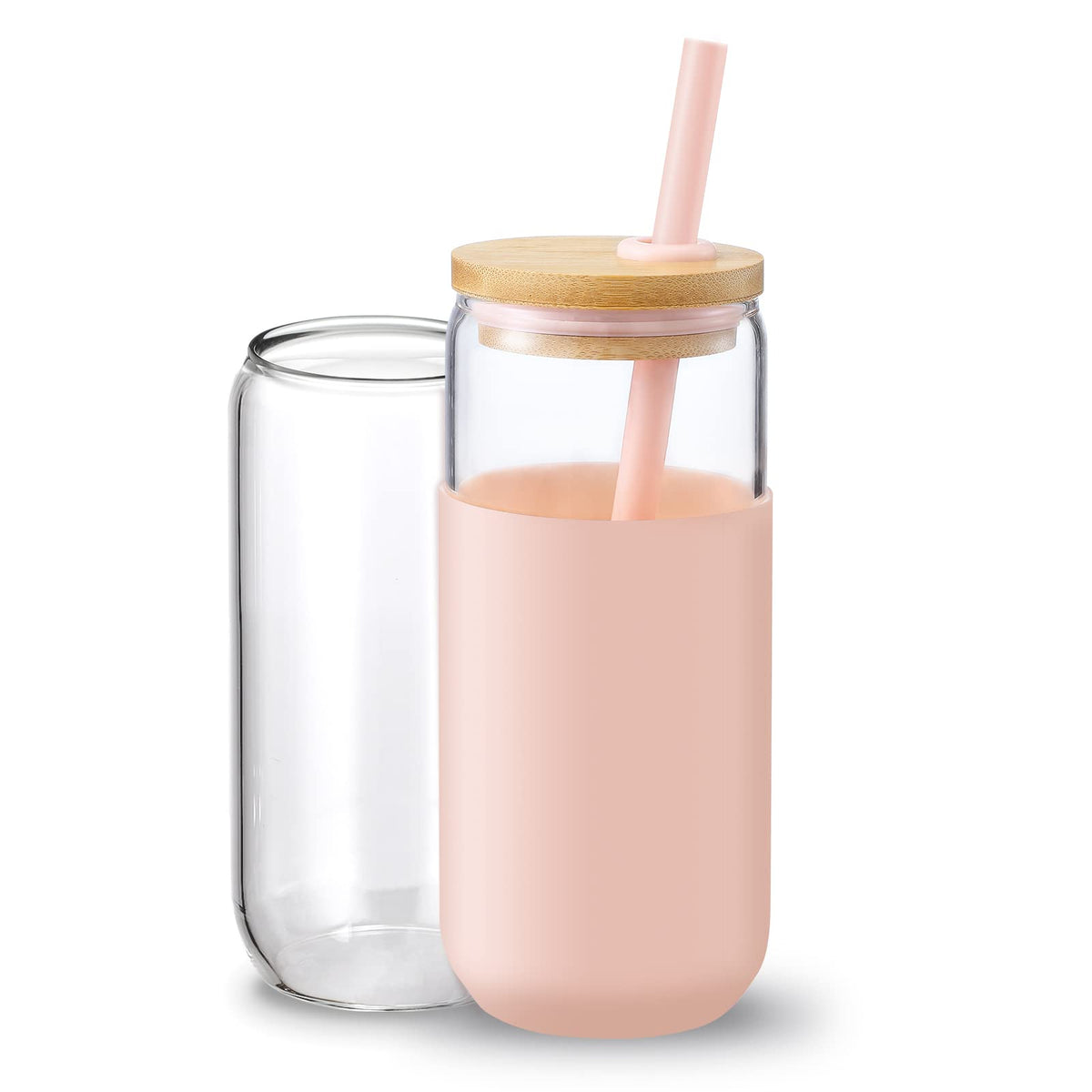 20oz Glass Water Tumbler with Silicone Protective Sleeve - Beer Shaped Glass Cups with Straw and Bamboo Lid, Iced Coffee Glasses, Cute Drinking Glasses for, Water Smoothie, Boba Tea, Gift - Pink