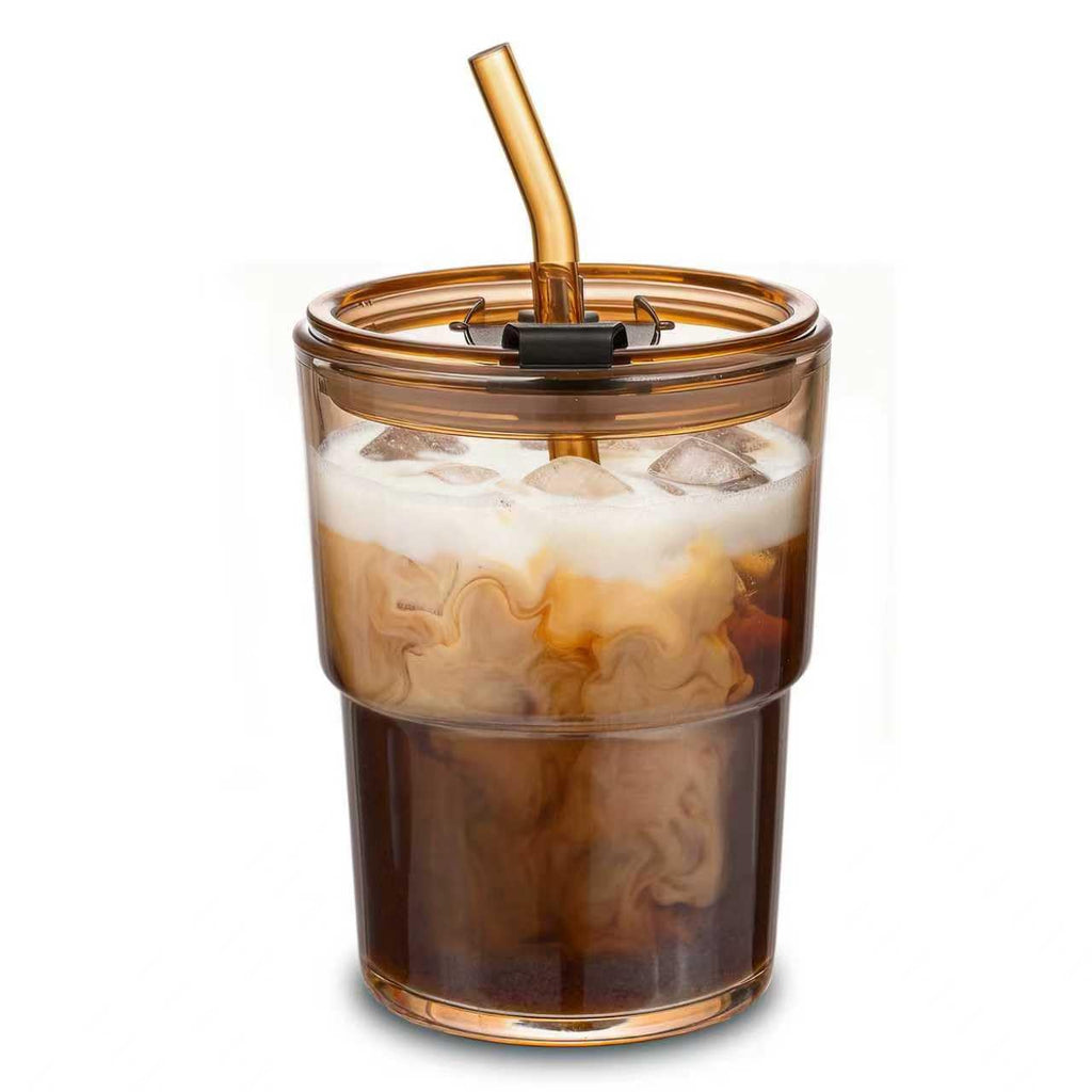 Iced Coffee Cups, 13oz Glass Tumbler with Lid and Straw, Leakproof To-Go Glass Cups Fits Car Cup Holder, Reusable Matcha Cup for Iced Coffee, Cold Brew and Tea