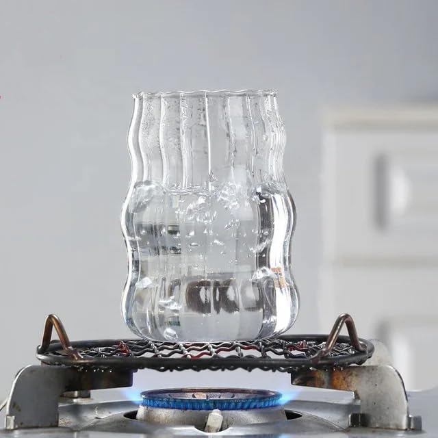 2 Pcs Ribbed Glass Cups, 18 Oz Vintage Drinking Glassware with Wave Shape Design, Bubble Cups for Iced Coffee, Juice, Beverage, Milk, Cocktails, Bubble Tea,