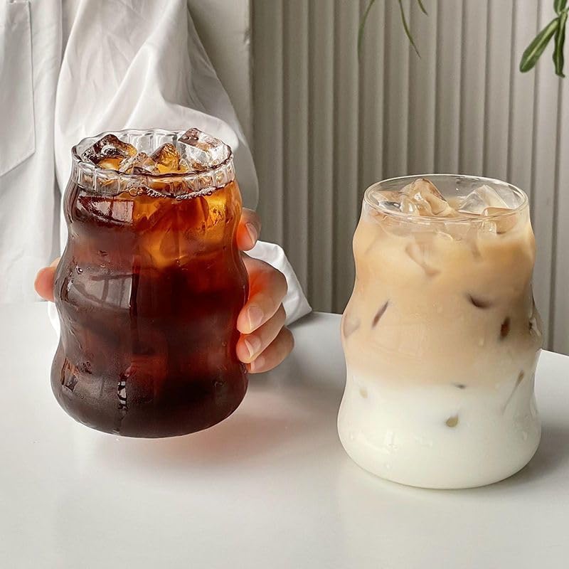 2 Pcs Ribbed Glass Cups, 18 Oz Vintage Drinking Glassware with Wave Shape Design, Bubble Cups for Iced Coffee, Juice, Beverage, Milk, Cocktails, Bubble Tea,