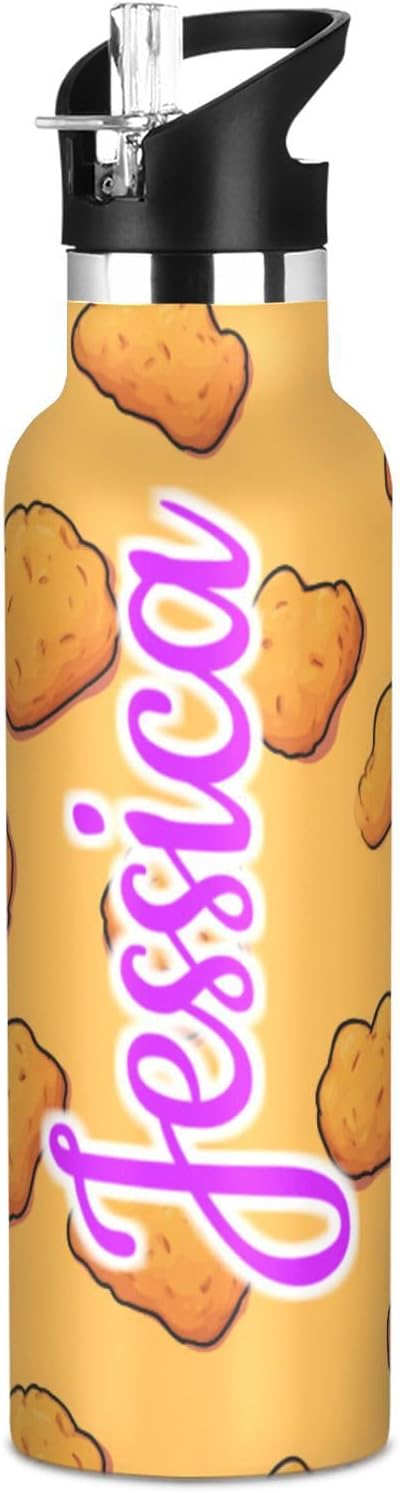 Kcldeci Kids Water Bottle for School Cartoon Chicken Nuggets Personalized 20oz Stainless Steel Insulated Tumbler with Straw, Leak-Proof Travel Flask for Boys Girls, BPA-Free