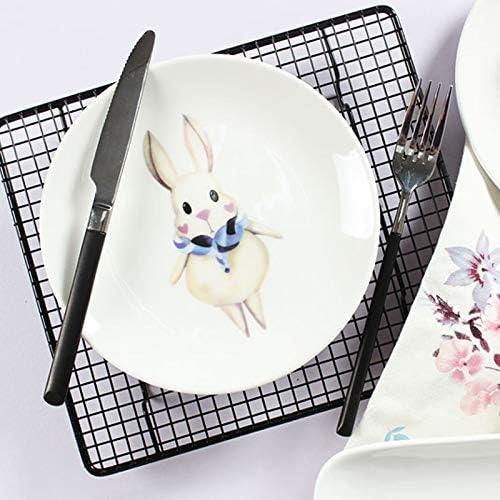 Shining Cute Rabbit Cartoon Ceramic Rectangle 7.9 Inch Round Dinner Plates Set Salad Dessert Bread Fruit Plate Serving Dish (Rabbit Rectangle)
