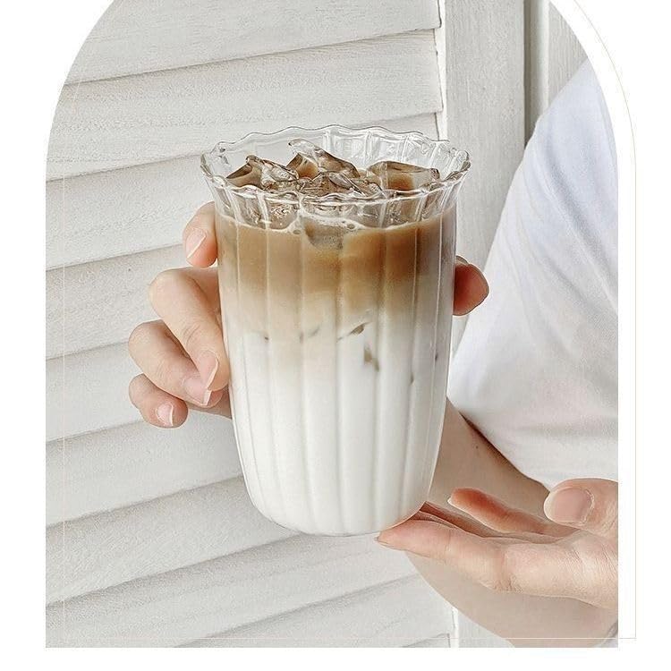 2 Pcs Ribbed Glass Cups, 18 Oz Vintage Drinking Glassware with Wave Shape Design, Bubble Cups for Iced Coffee, Juice, Beverage, Milk, Cocktails, Bubble Tea,