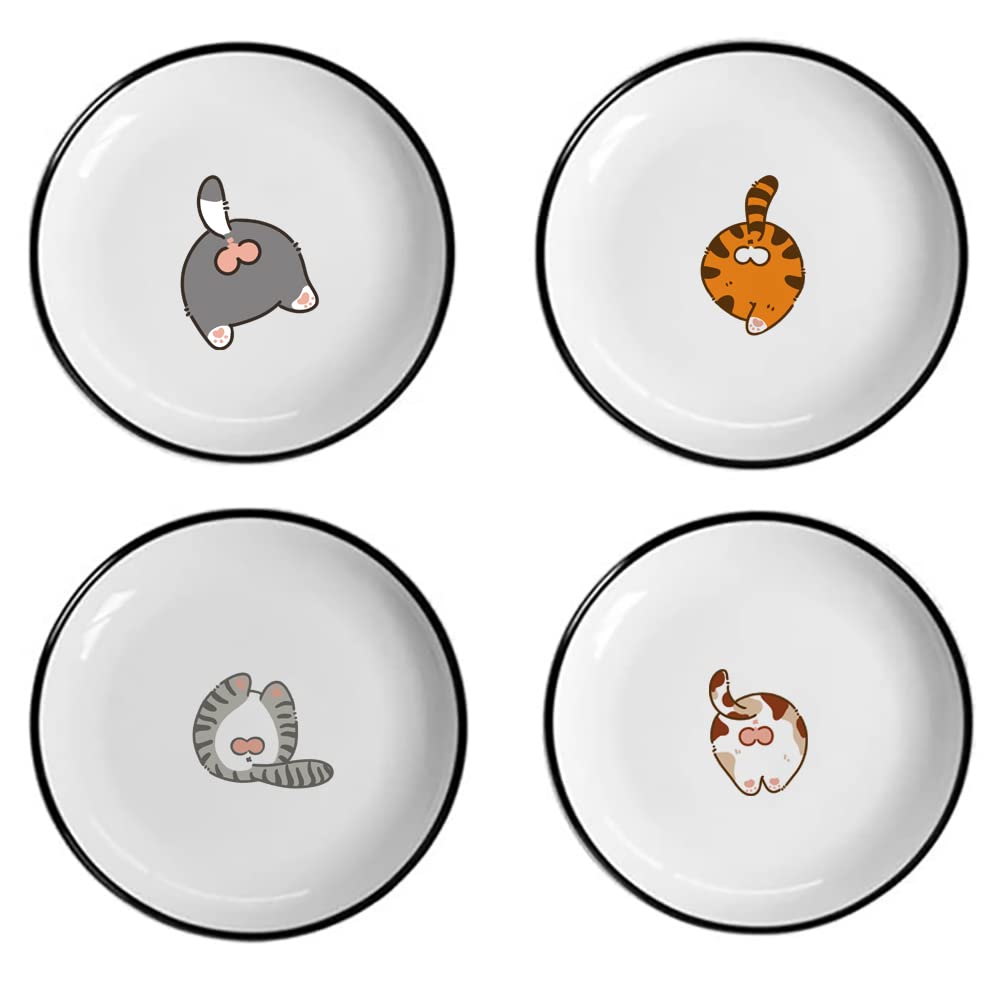SOCOSY Cute Cartoon Gentleman and Dot Cat Ceramic Seasoning Dishes Sauce Dish Sushi Dipping Bowl Appetizer Plates Tea Bag Holder Serving Dish for Kitchen 5 Inch, Set of 4
