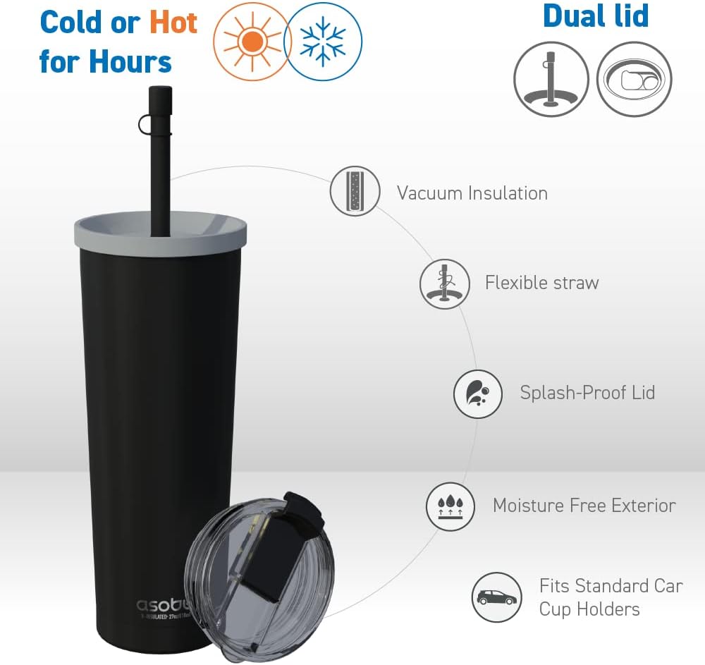 asobu Ocean Stainless Steel Tumbler with Flexible Straw Lid | Insulated Water Bottle for Ice Coffee, Cold Brew | Flip Open Lid for Hot Tea and Coffee | Reusable Travel Cup 27 Ounce (Mint)
