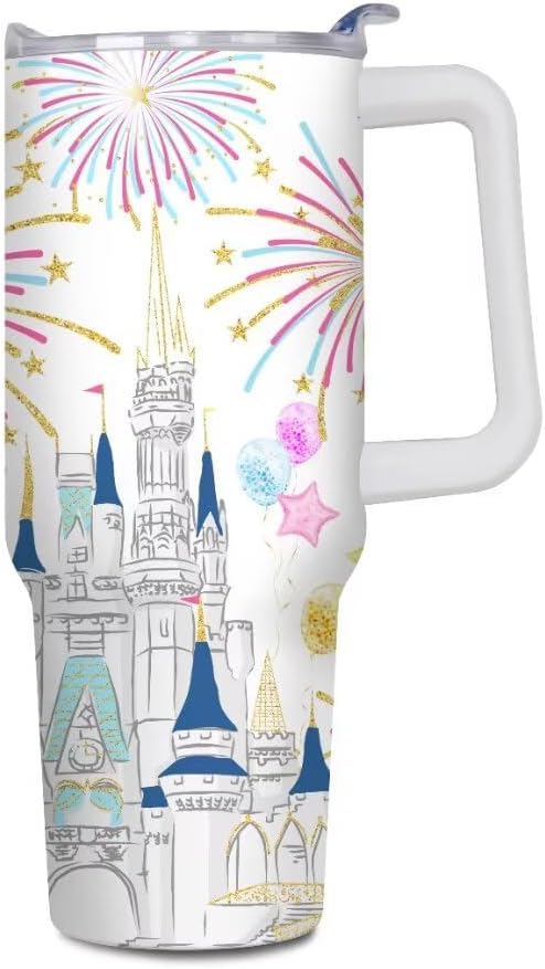 Cartoon Castle Tumbler 40 oz, Firework Tumblers with Lids and Straws, Insulated Cup Stainless Steel Travel Mug, Birthday Christmas Gifts