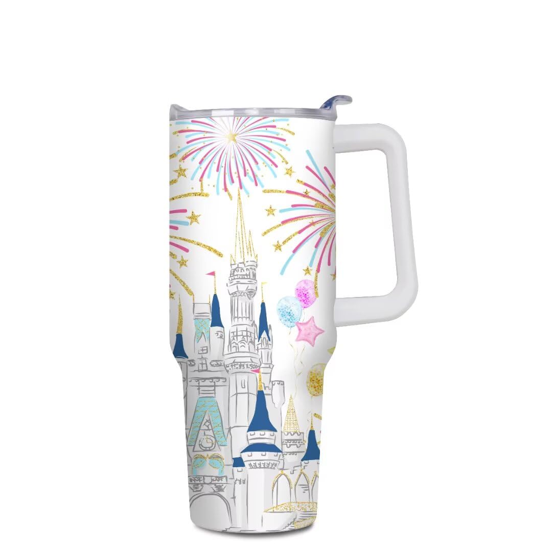 Cartoon Castle Tumbler 40 oz, Firework Tumblers with Lids and Straws, Insulated Cup Stainless Steel Travel Mug, Birthday Christmas Gifts