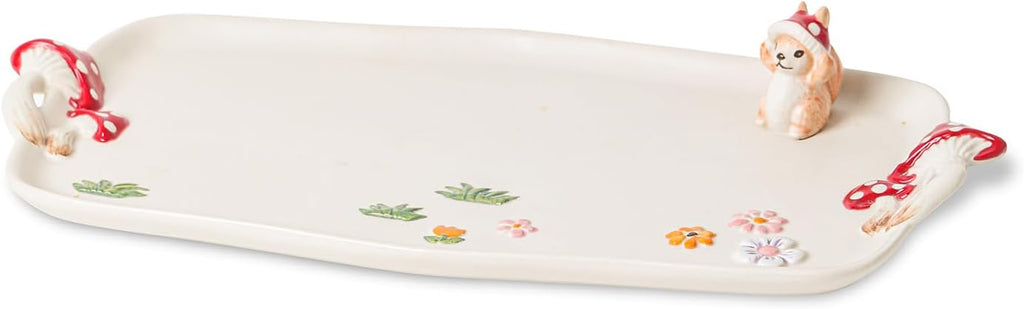 Mushroom Ceramic Tray, Rectangle 14 in Double Handle Dessert Appetizer Baking Dishes, Cute Steak Dinner Plates, Decorative Plate with Cute Squirrels. Novel Christmas Cutlery Gifts.