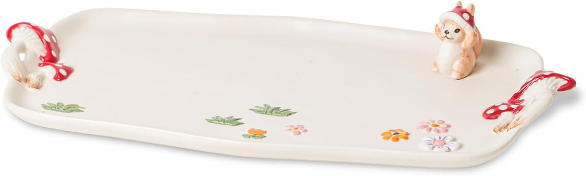 Mushroom Ceramic Tray, Rectangle 14 in Double Handle Dessert Appetizer Baking Dishes, Cute Steak Dinner Plates, Decorative Plate with Cute Squirrels. Novel Christmas Cutlery Gifts.