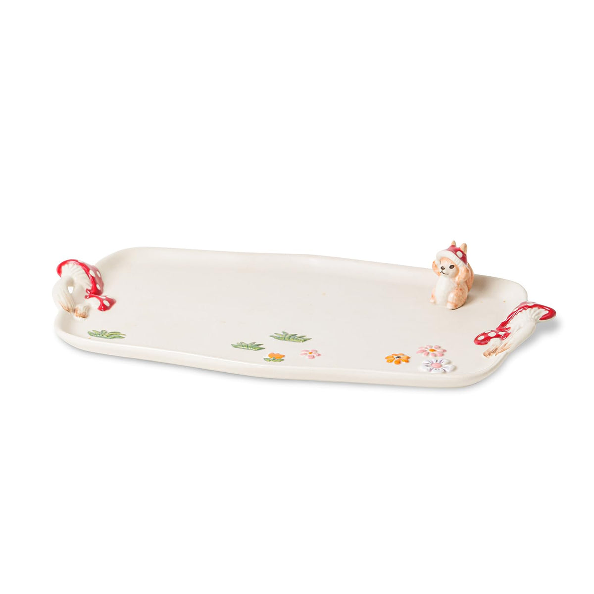Mushroom Ceramic Tray, Rectangle 14 in Double Handle Dessert Appetizer Baking Dishes, Cute Steak Dinner Plates, Decorative Plate with Cute Squirrels. Novel Christmas Cutlery Gifts.