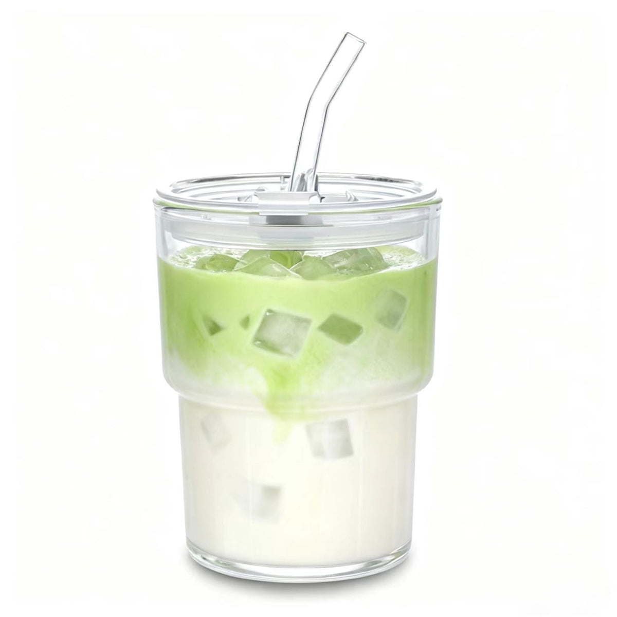 Iced Coffee Cups, 13oz Glass Tumbler with Lid and Straw, Leakproof To-Go Glass Cups Fits Car Cup Holder, Reusable Matcha Cup for Iced Coffee, Cold Brew and Tea