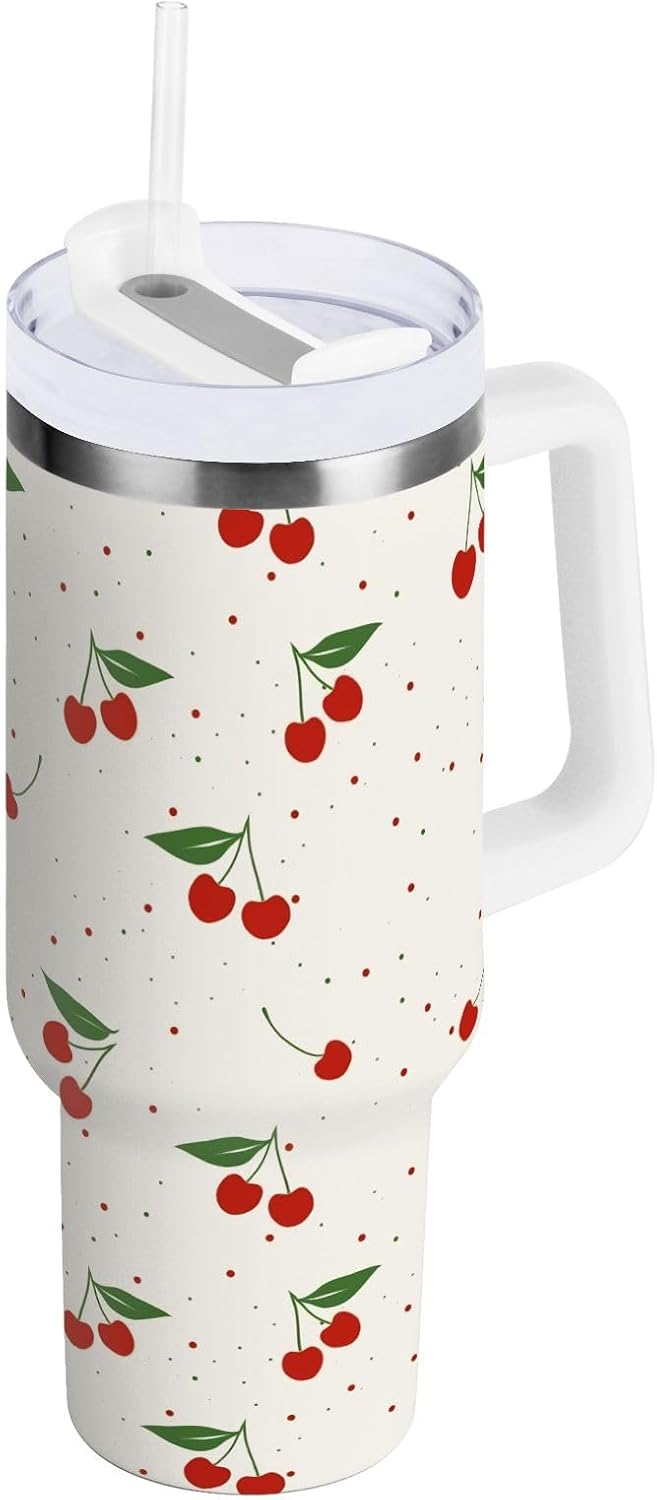 Cherry Print Pattern Stainless Steel Tumbler with Handle and Straw, Water Bottle Reusable Insulated Travel Mug, 30 Ounces